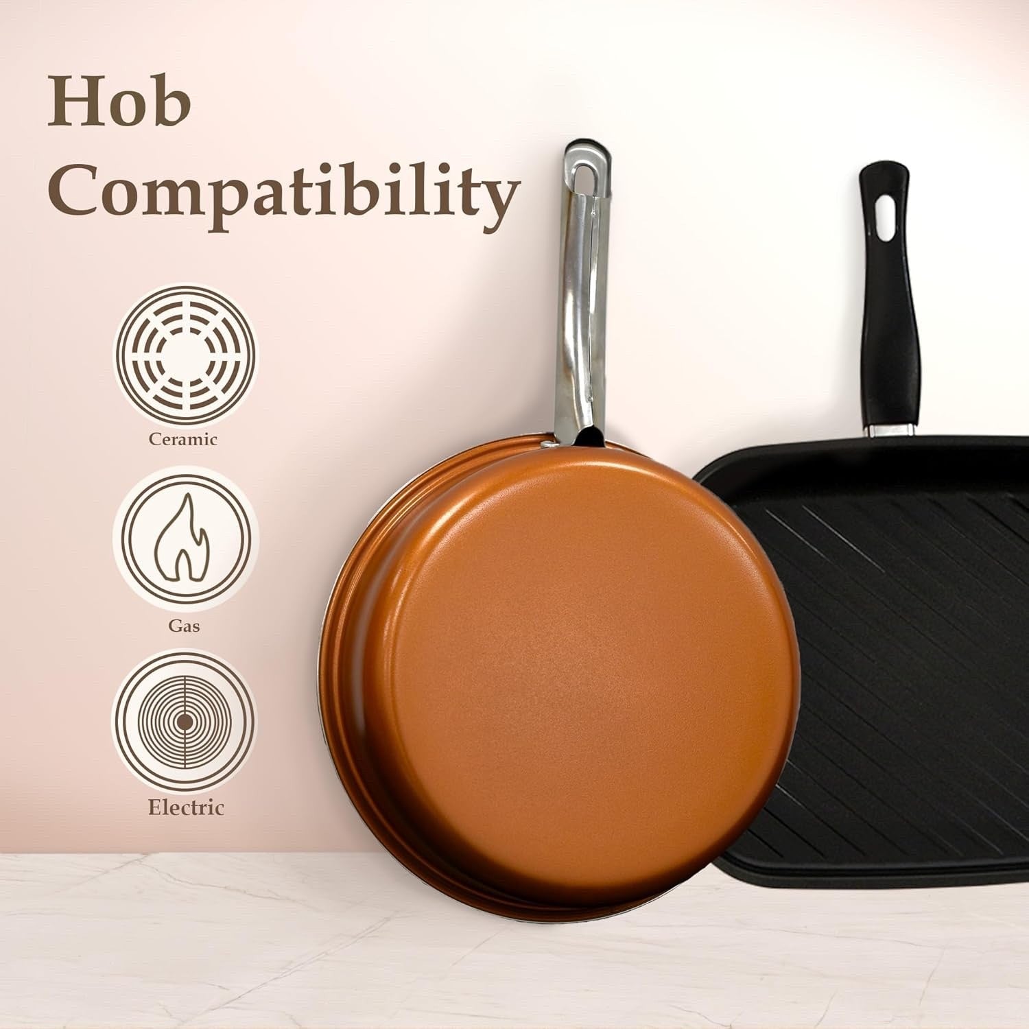 10Pcs Copper Non Stick Cookware Pots and Pans Set with Glass Lids & Grill Pan