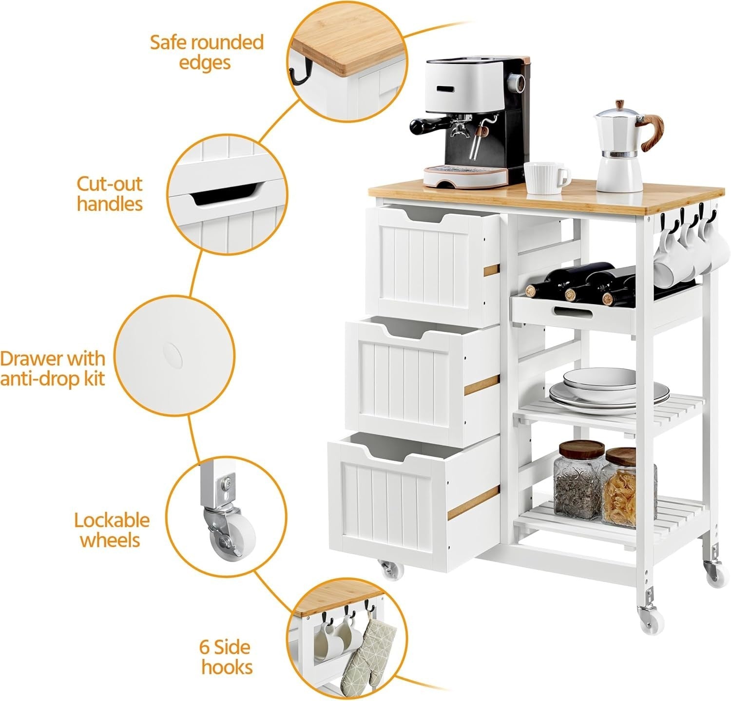 White Kitchen Storage Trolley on Wheels with Drawers, Shelves & Detachable Tray