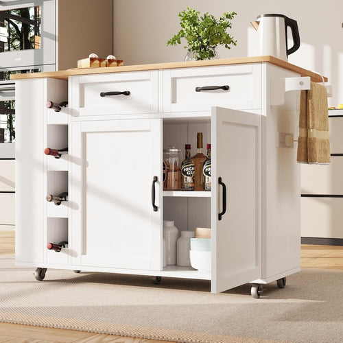 Kitchen Island Trolley with Drawers, Wine Rack & Power Outlets, White 131.5x43x9