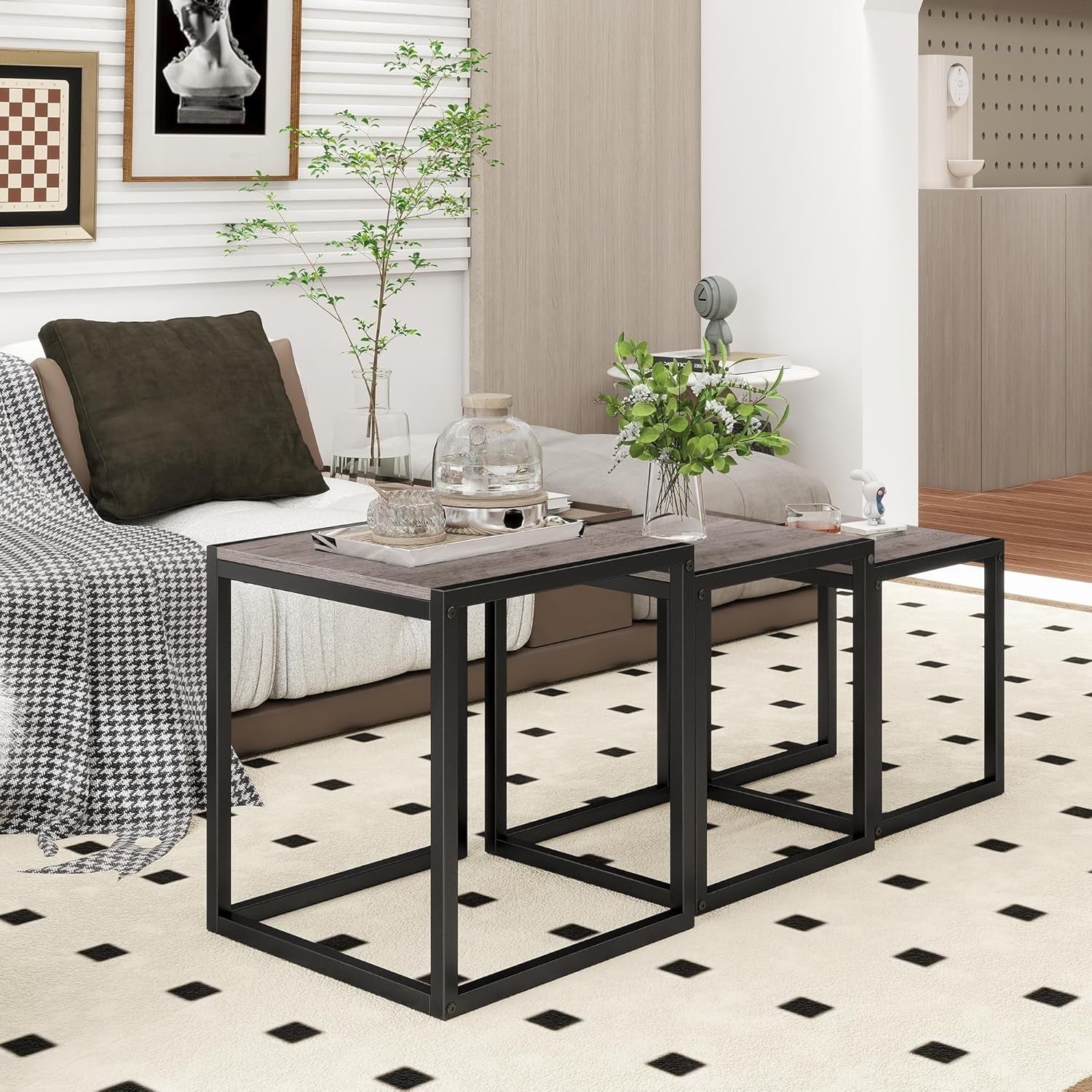 Nesting Coffee Tables Set of 3 Square Side End Table Grey Space Saving Easy Asse
