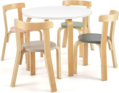 Kids 5-Piece Table & Chair Set, Wooden Round Activity Furniture for Play & Learn