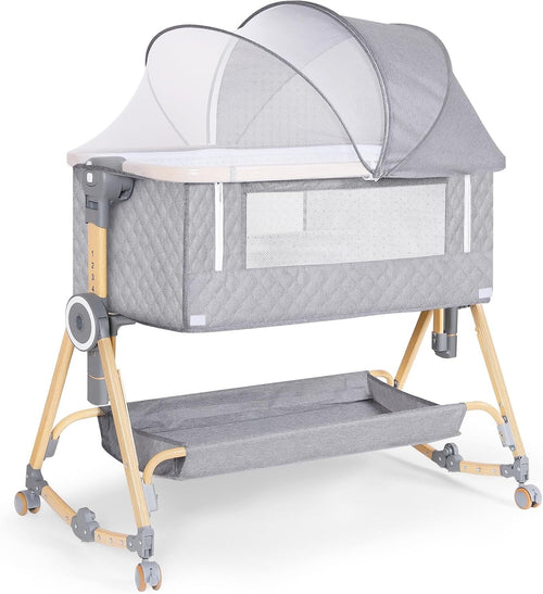 5in1 Baby Bedside Crib Adjustable Height Travel Cot with Mattress & Storage Grey