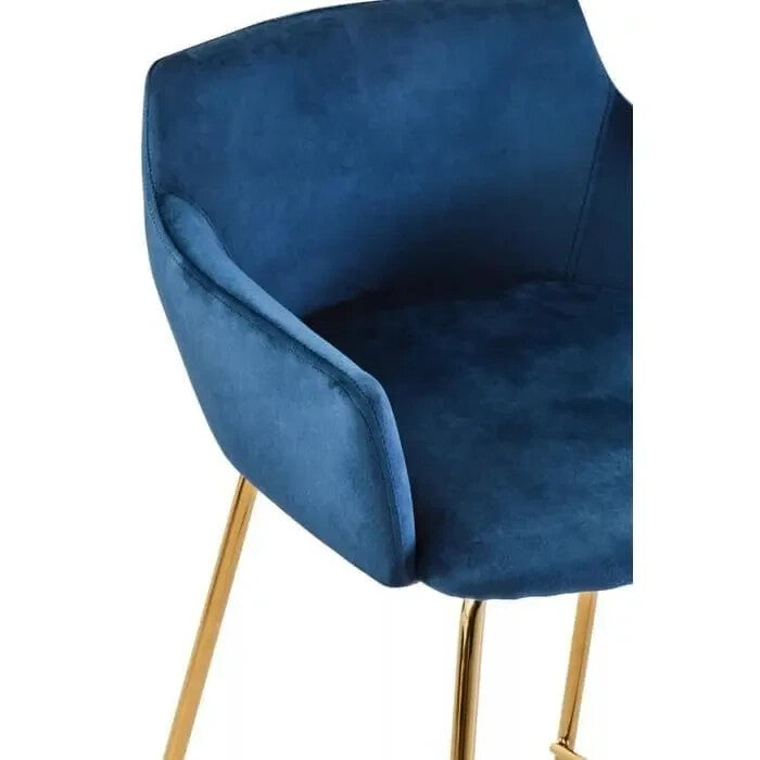 Blue Velvet Bar Stool with Arms Gold Metal Legs Low Back Breakfast Chair