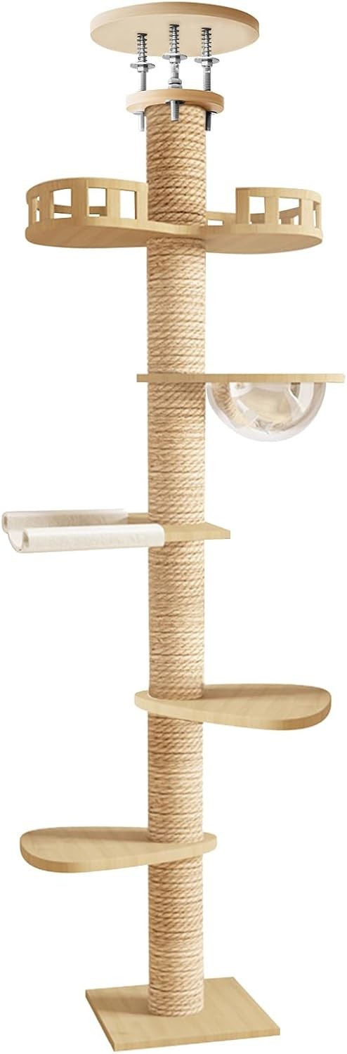 Beige Floor to Ceiling Cat Tree Adjustable Tower 6 Tier Scratching Post