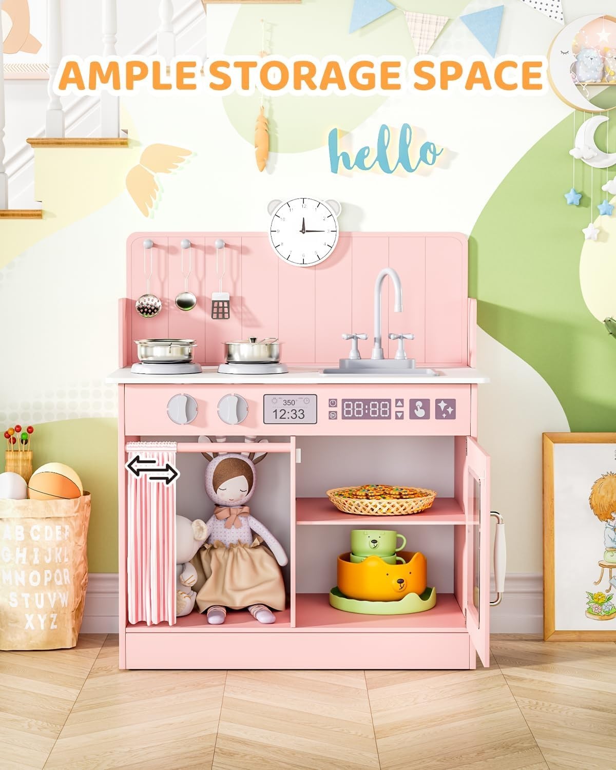 Wooden Kids Play Kitchen Pink Toy Cooker Sink Cookware Storage Set