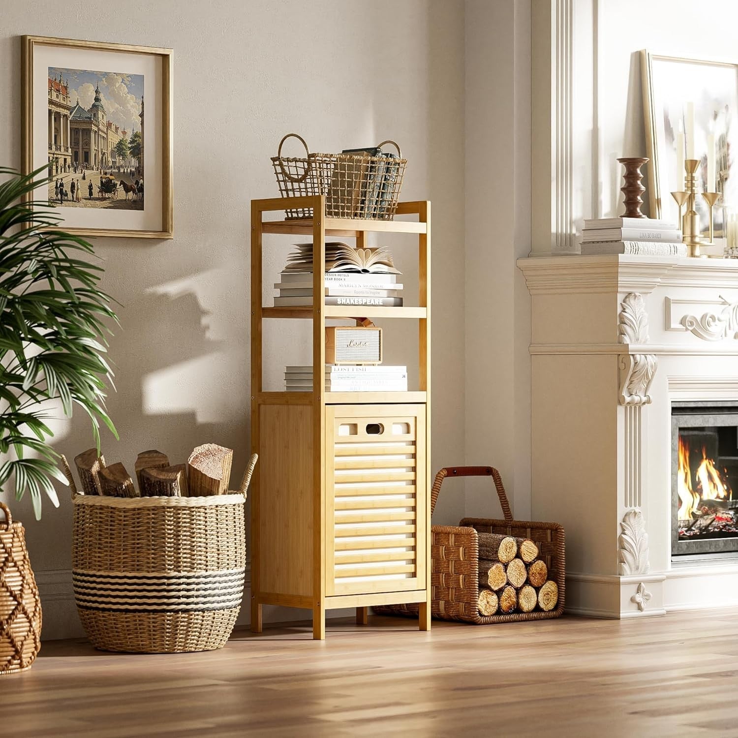 Natural Bamboo Tilt Out Laundry Hamper Cabinet 32L Basket with Shelves