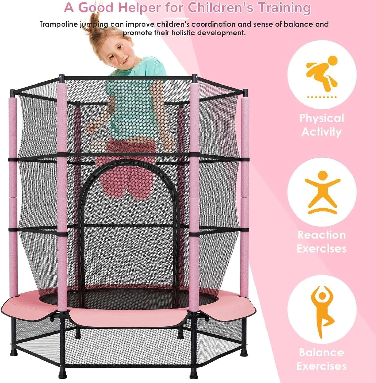 55” Kids Trampoline Indoor Outdoor Safety Enclosure Floor Net Ages 3–10