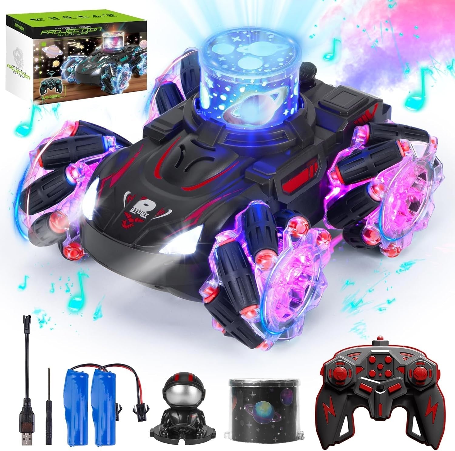 RC Stunt Car with Music, LED Lights, Spray & HD Projection | 360° Rotating