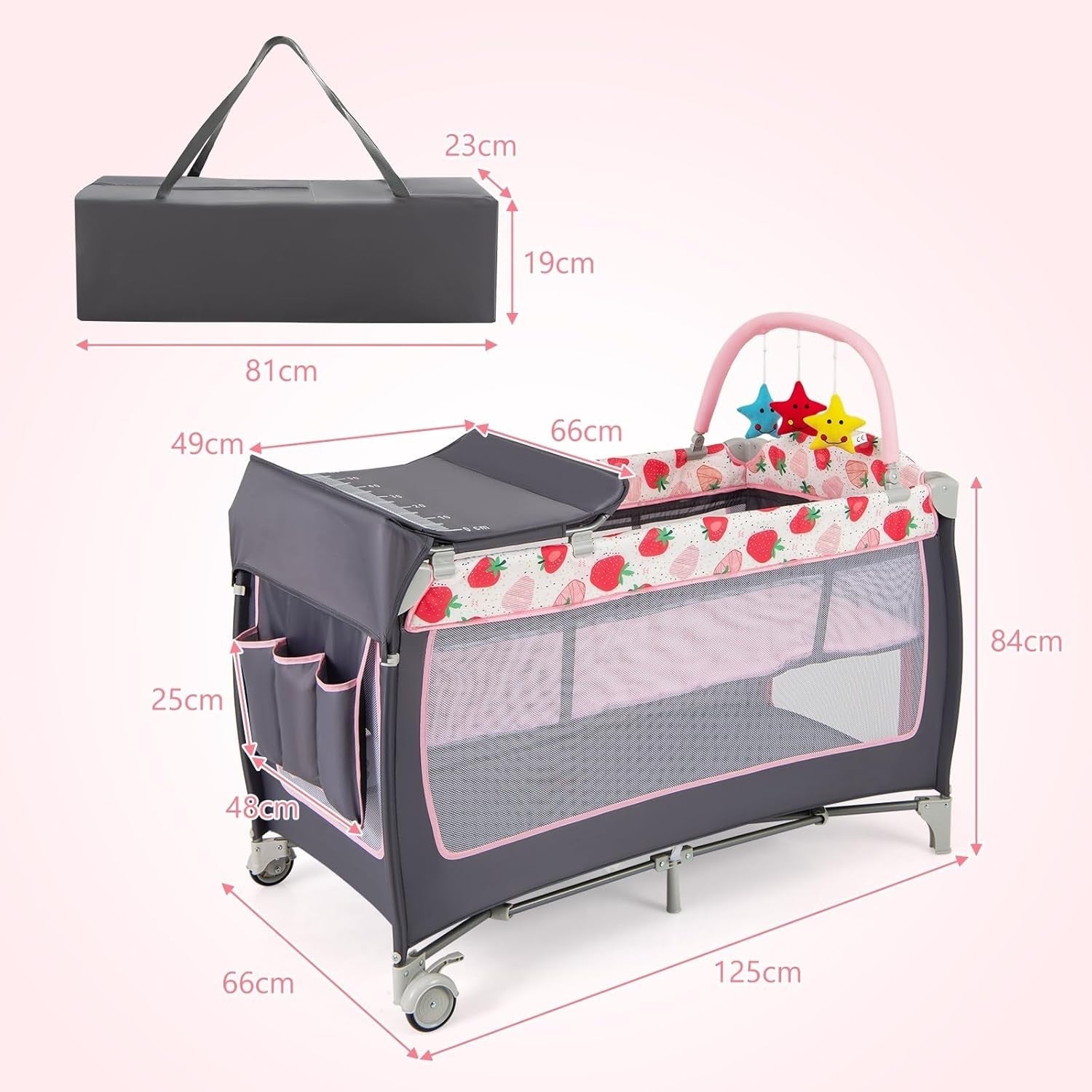 4in1 Baby Travel Cot Foldable Crib with Mattress, Changer & Storage Strawberry