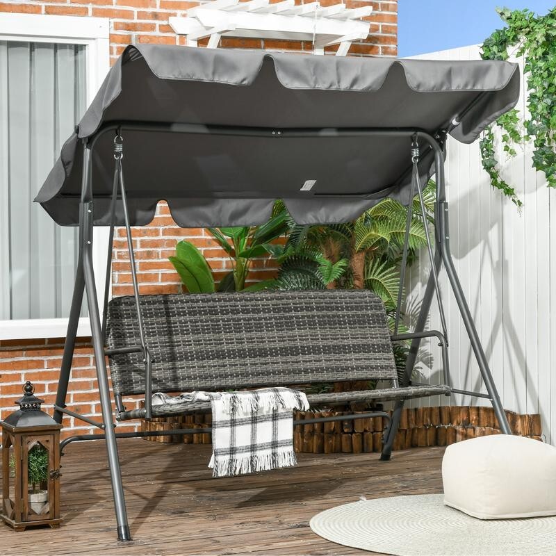 3-Seater Grey Rattan Garden Swing Chair with Canopy Outdoor Patio Seat