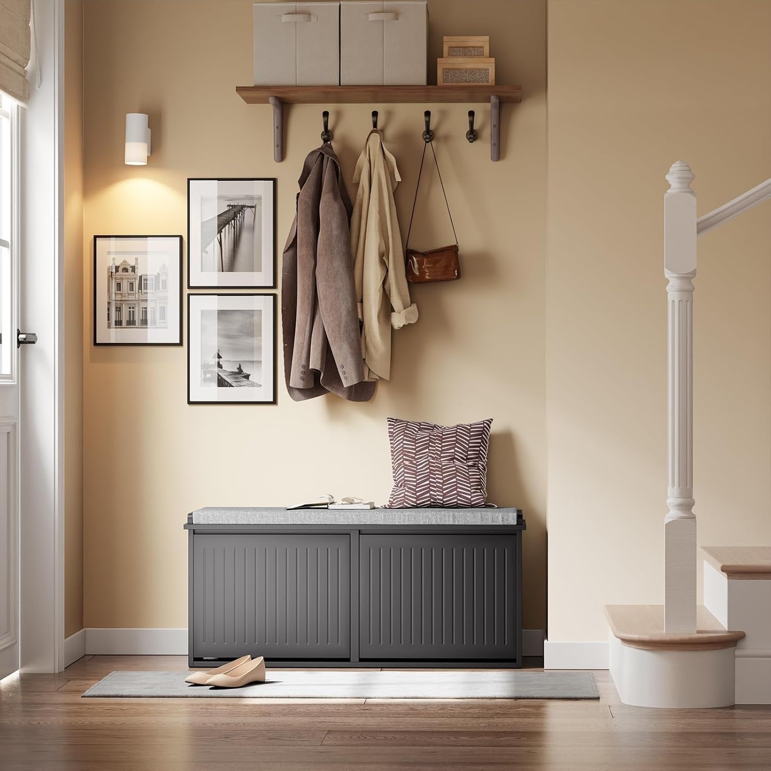 Modern Shoe Storage Bench with Cushion – 2 Flip Drawers, Holds 8 Pairs