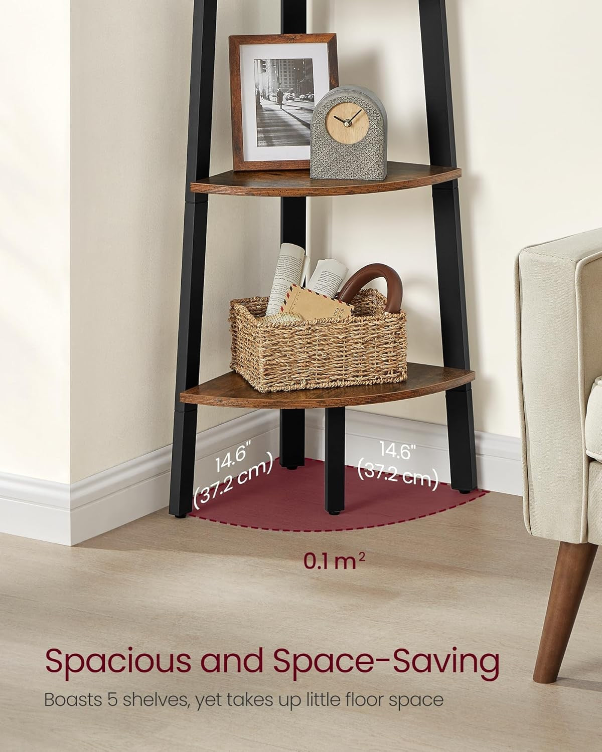 5-Tier Industrial Corner Shelf Unit Rustic Brown & Black Space-Saving Ladder