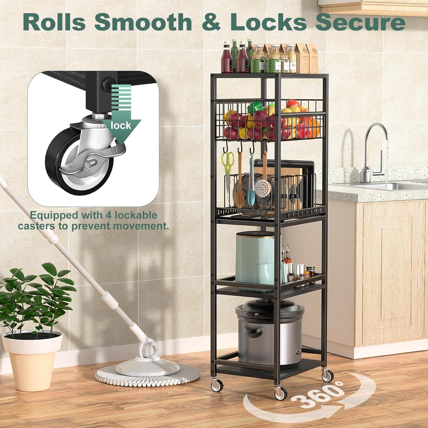 5 Tier Kitchen Rolling Cart Storage Rack with Fruit Basket & Wooden Top