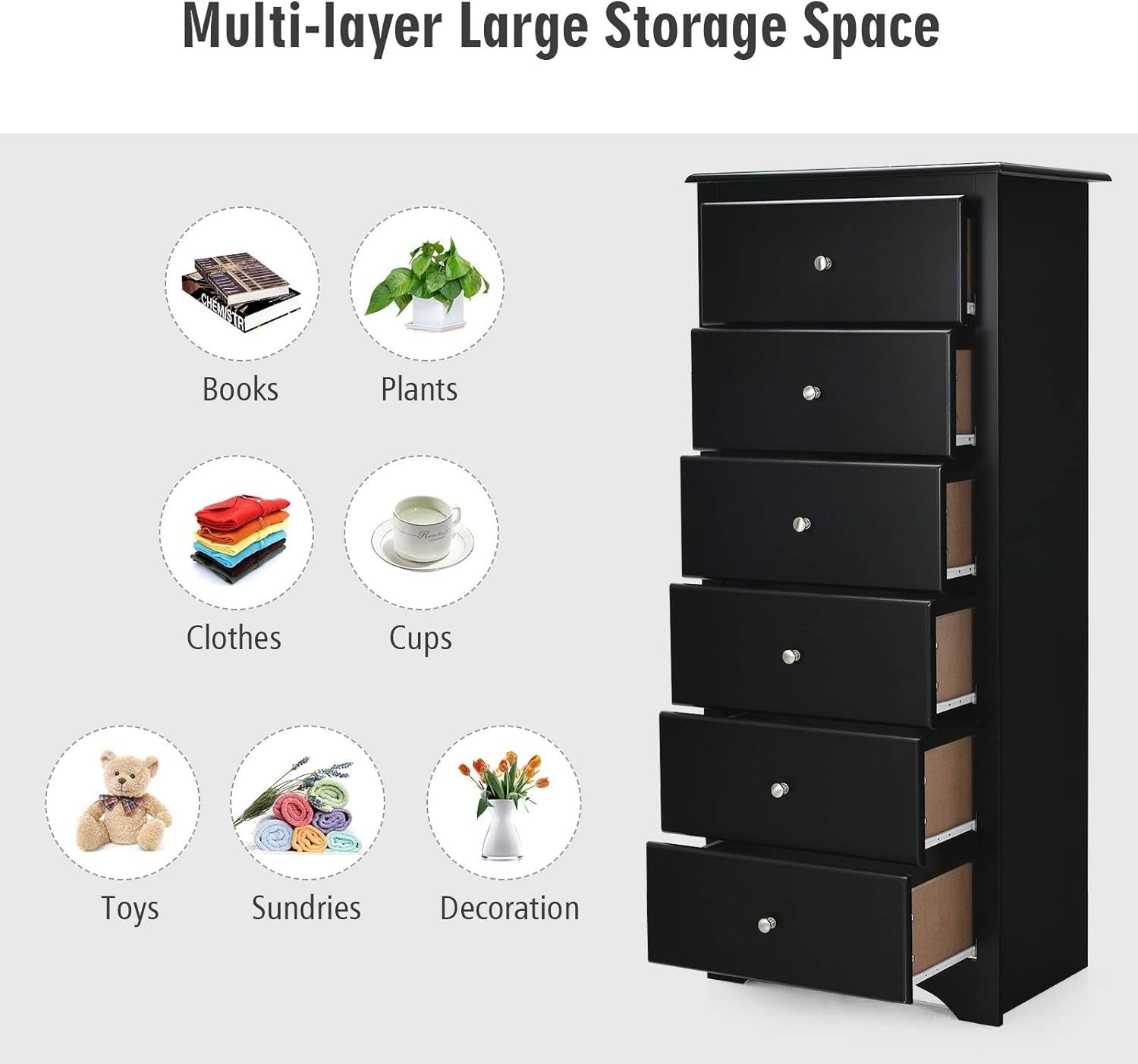 6-Drawer Tall Wooden Dresser Cabinet for Bedroom, Hallway & Living Room
