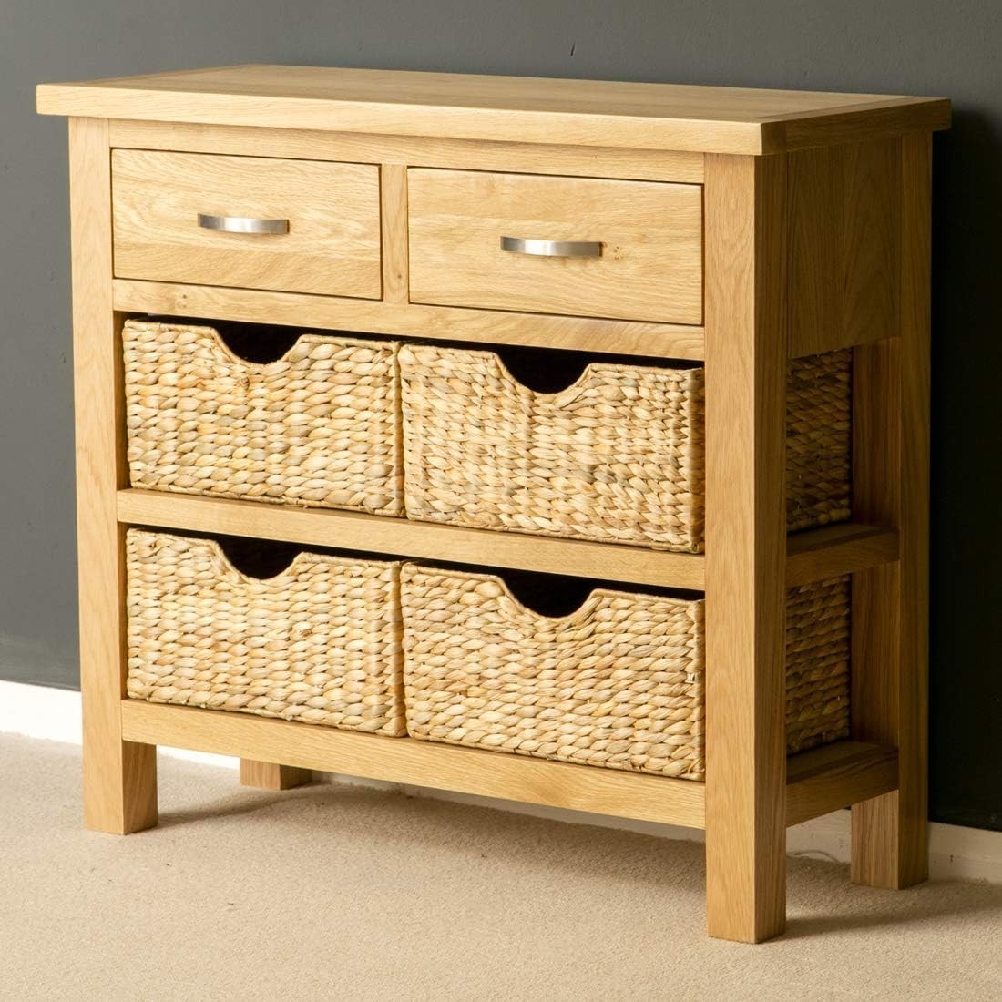 Wooden Console Table with 2 Drawers & 3 Baskets, Storage Cabinet, Hallway