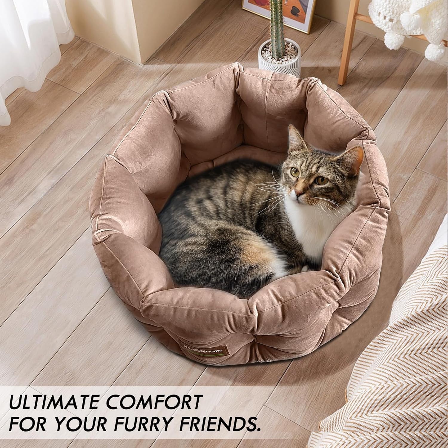 Deep Nest Cat Bed Round Plush Pet Bed High Sides Washable Non Slip