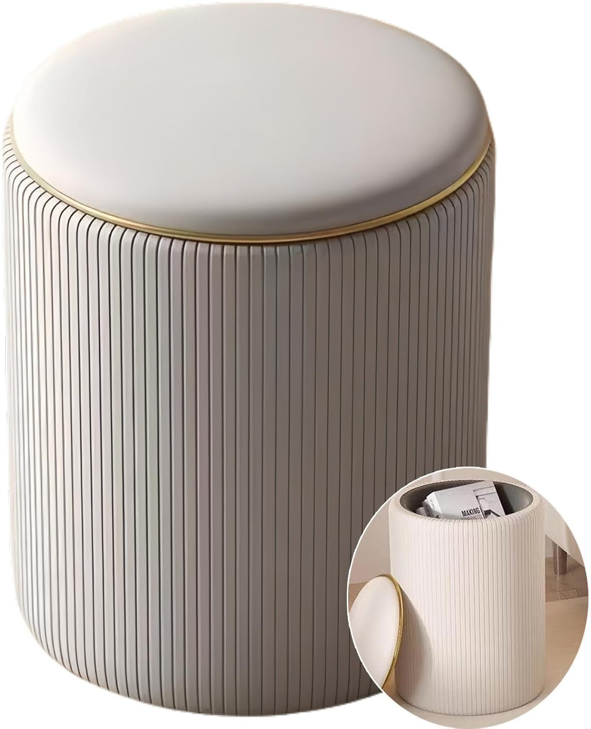Leather Grey Vanity Stool with Storage – Compact Dressing Table Seat