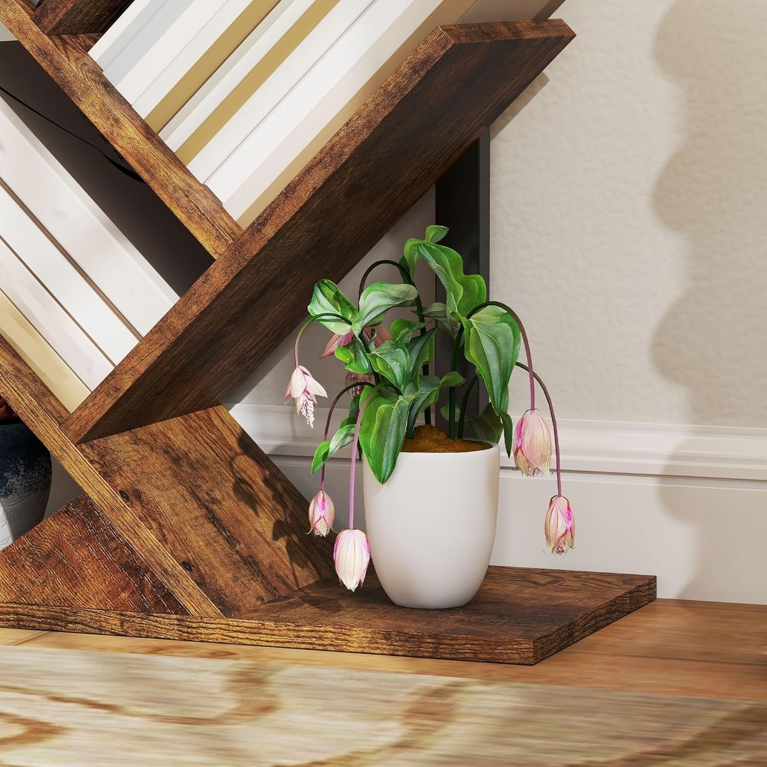 Industrial 5-Tier Tree Bookshelf with Steel Frame, Compact Storage Unit