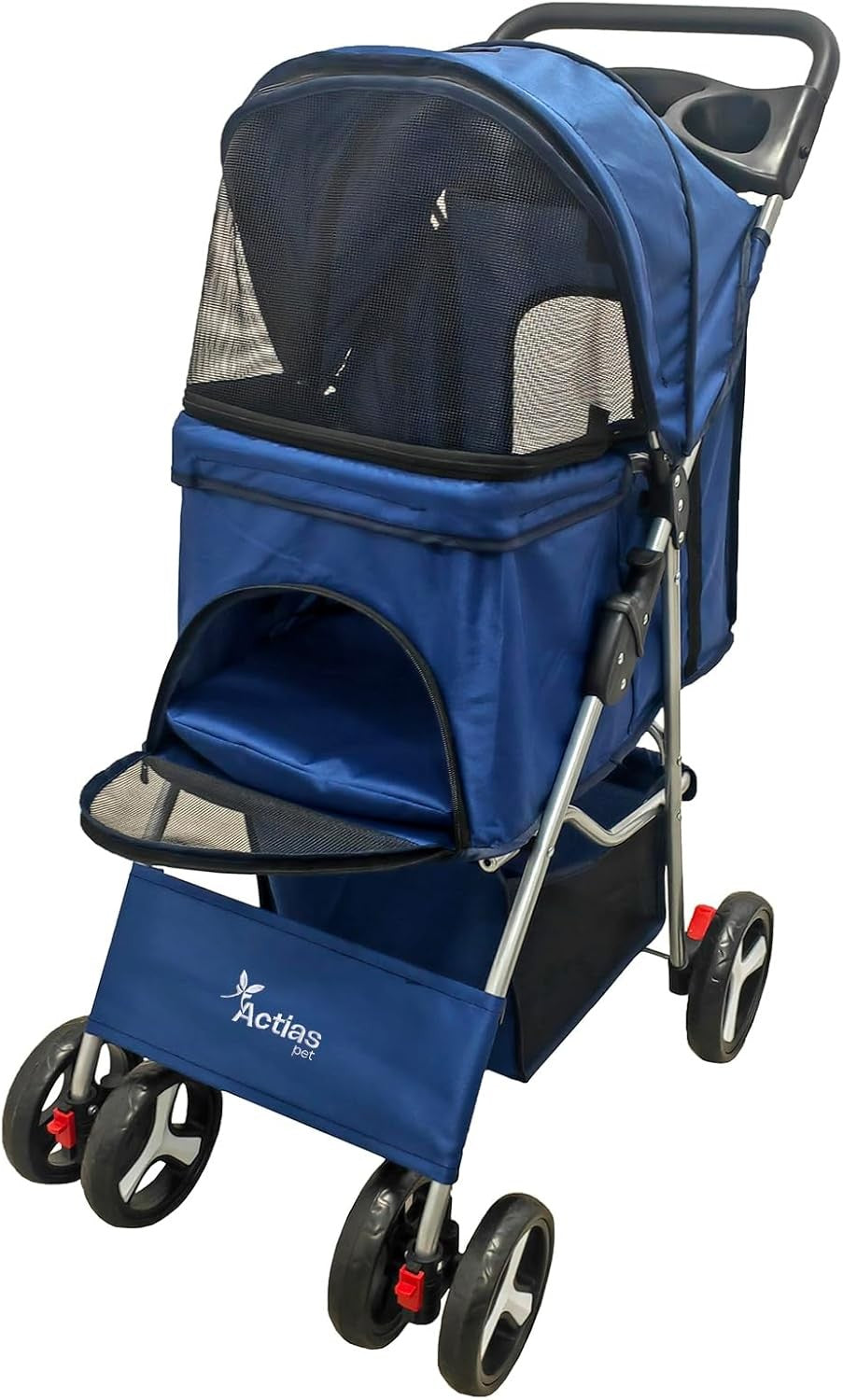 Pet Travel Stroller Dog Cat Pushchair Foldable Swivel Wheels 15kg Navy Blue
