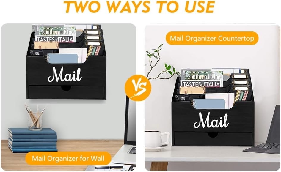 Black Wood Desktop Mail Organizer with 4 Compartments & Drawer