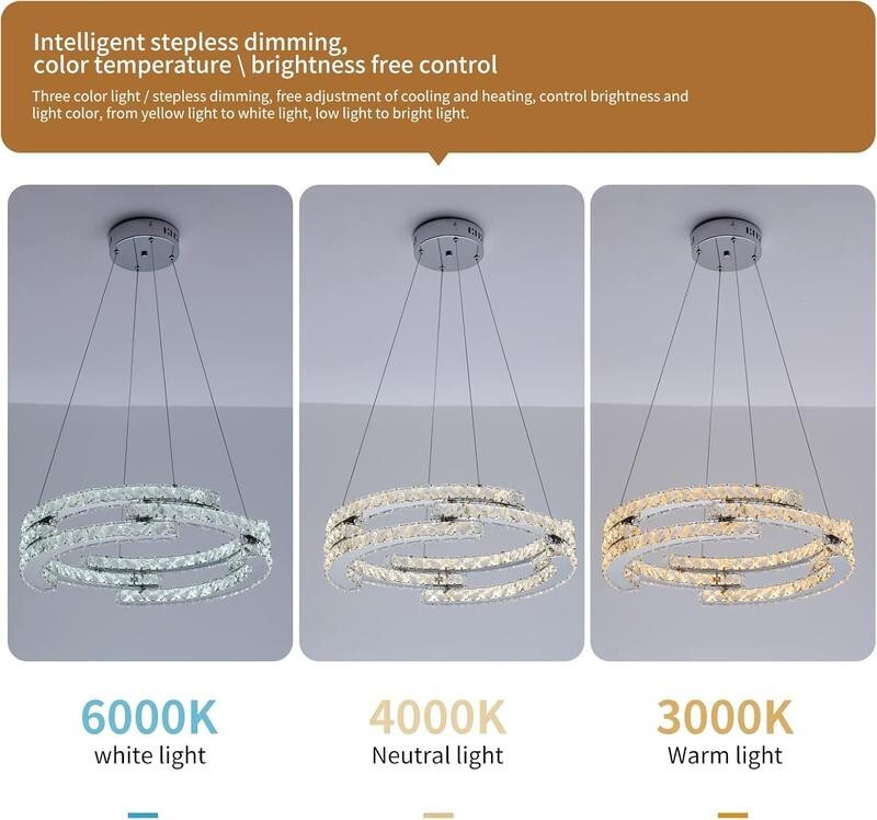 Modern LED Crystal Chandelier 3 Ring Pendant Light Dimmable 48W