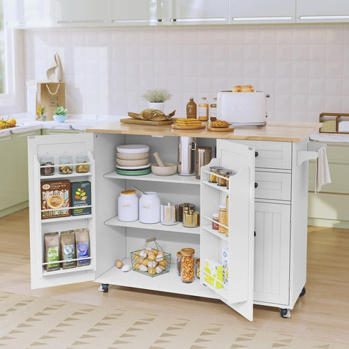 White Kitchen Island on Wheels with Extendable Rubberwood Top & Storage