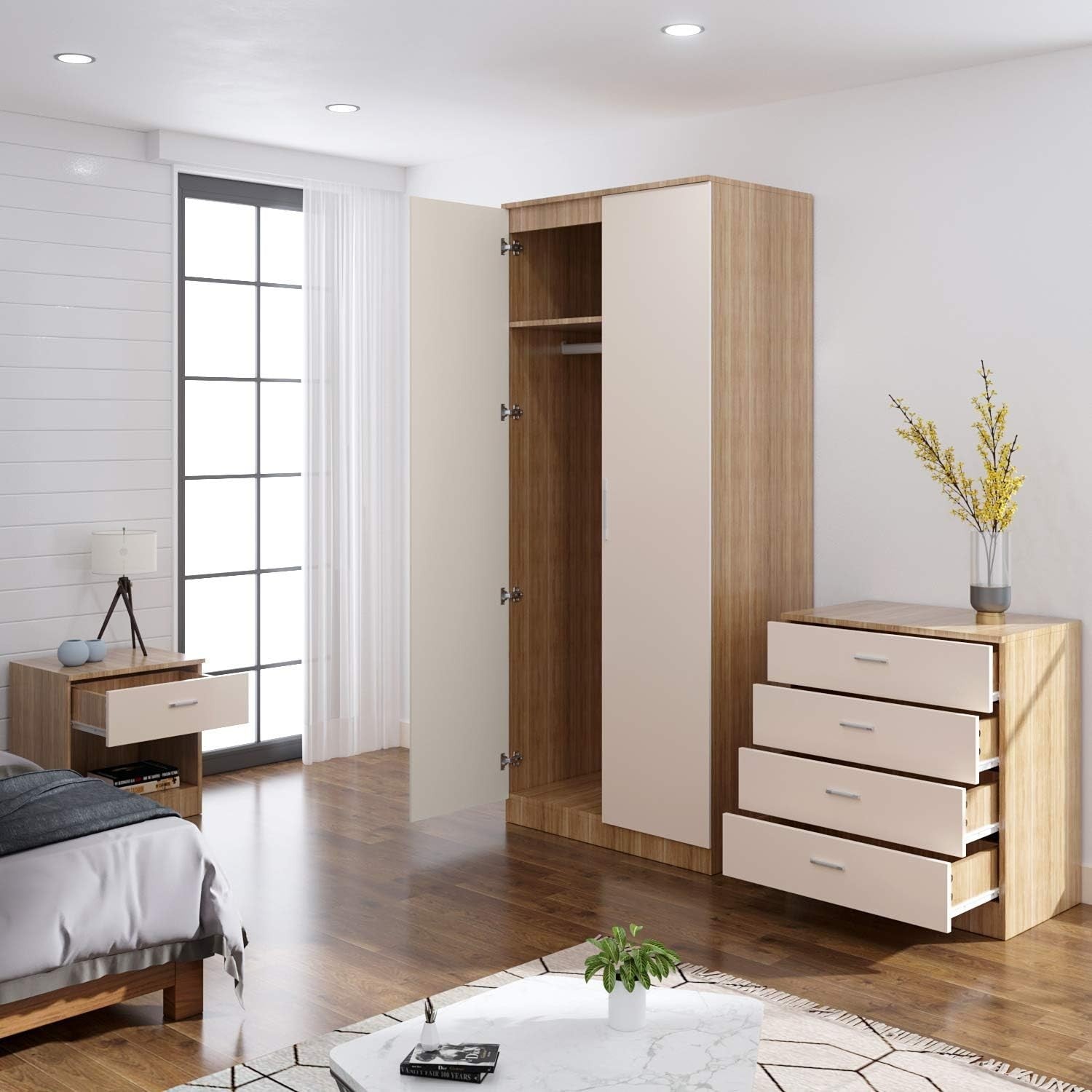 2 Door Wardrobe High Gloss Cream Oak Modern Storage Soft Close Bedroom