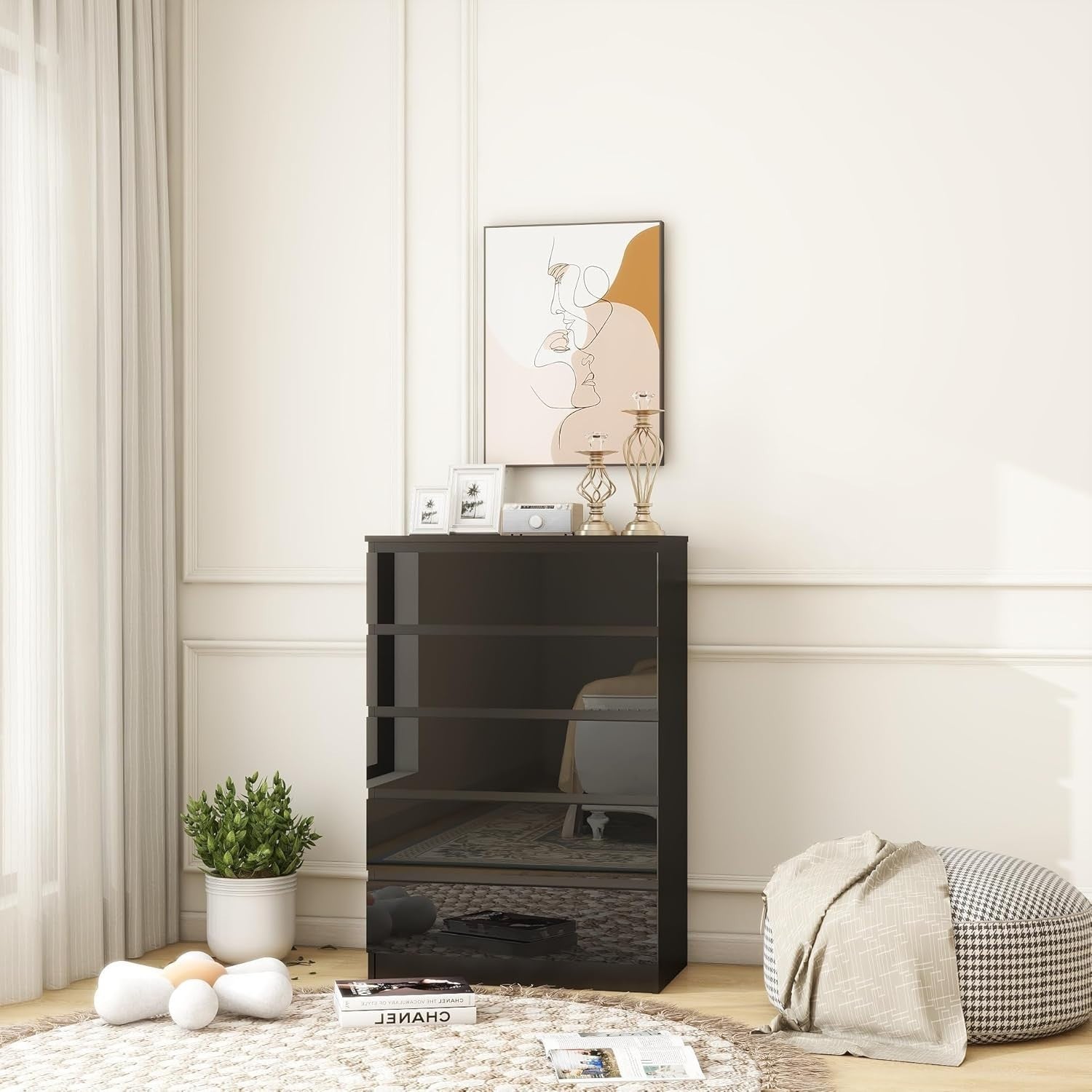 High Gloss 5-Drawer Wooden Dresser Chest Bedside Storage Organizer Black