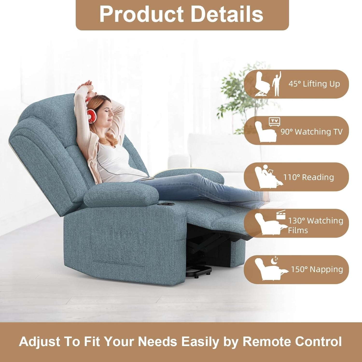Power Lift Recliner Chair Massage Heat USB Ports Cup Holders Fabric Blue