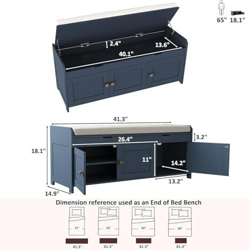 Blue Shoe Storage Bench with Cushion Seat 3-Door Cabinet & Hidden Compartment