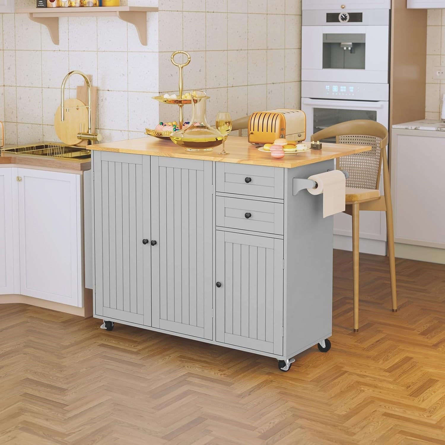 Grey Kitchen Island on Wheels Drop Leaf Cart