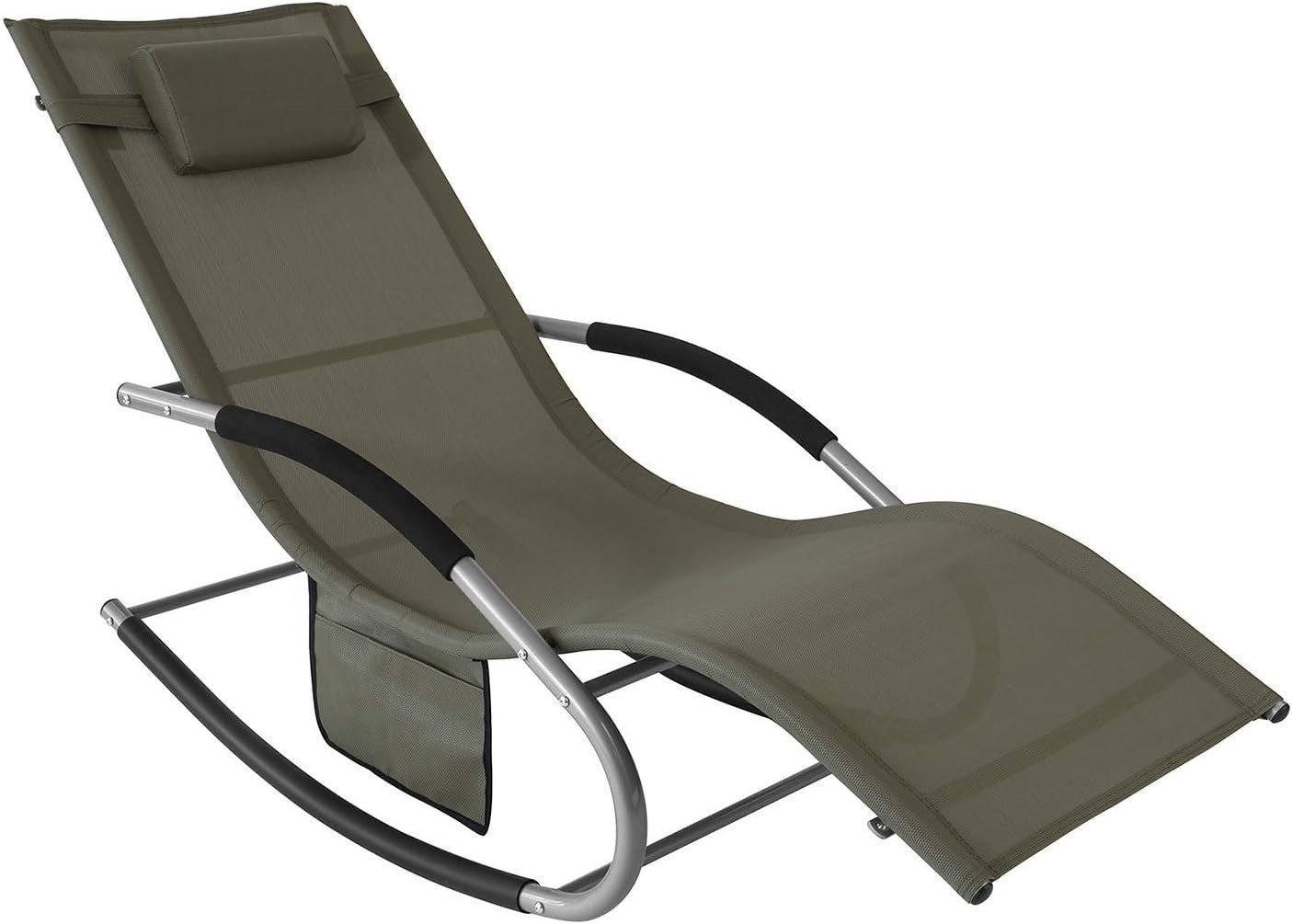 Outdoor Garden Recliner Chair with Cushioned Pillow, Side Pocket & Rocking