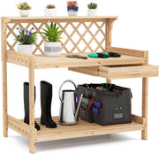 Wooden Garden Potting Table Bench w/ Trellis Drawer Shelves Fir Wood 90x59
