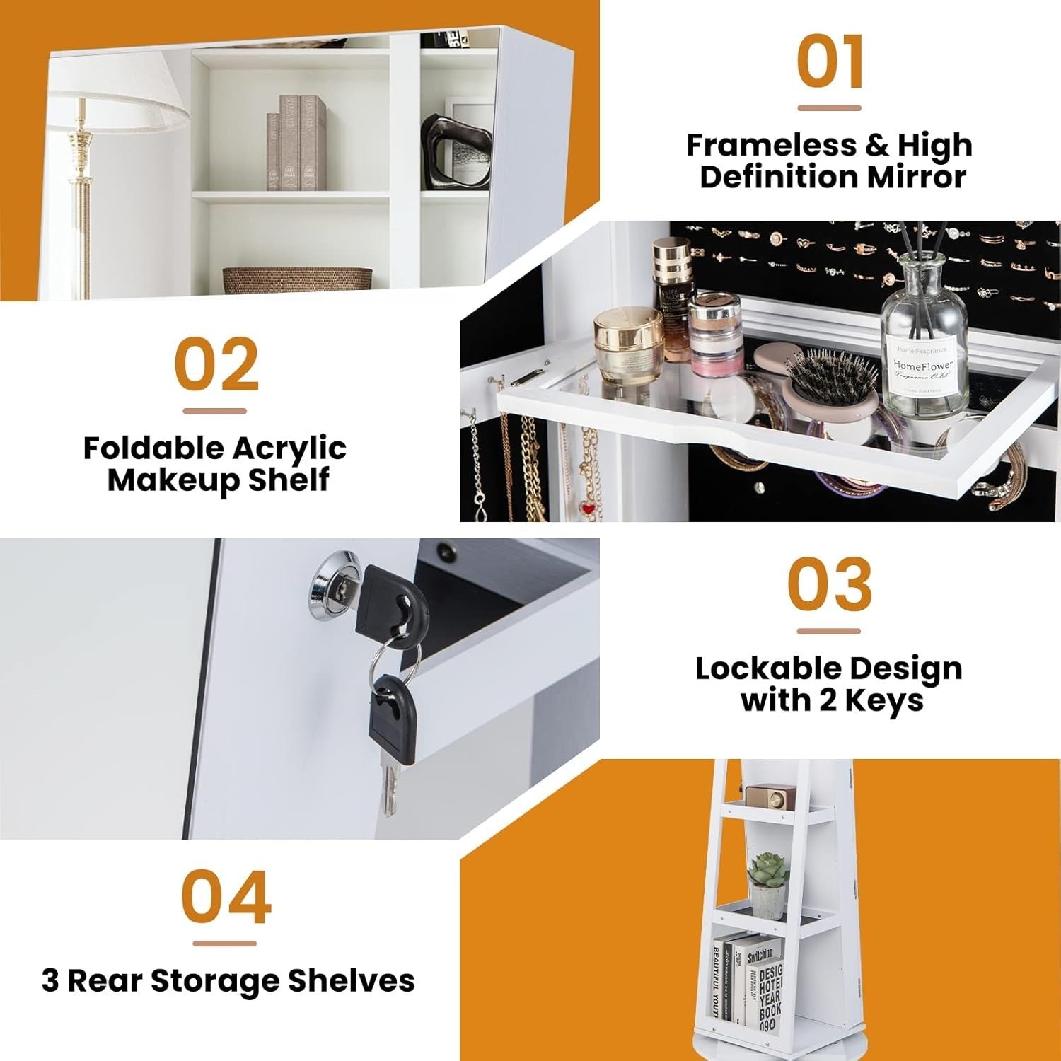 White 360° Swivel LED Jewelry Cabinet Mirror Lockable 3-in-1 Storage