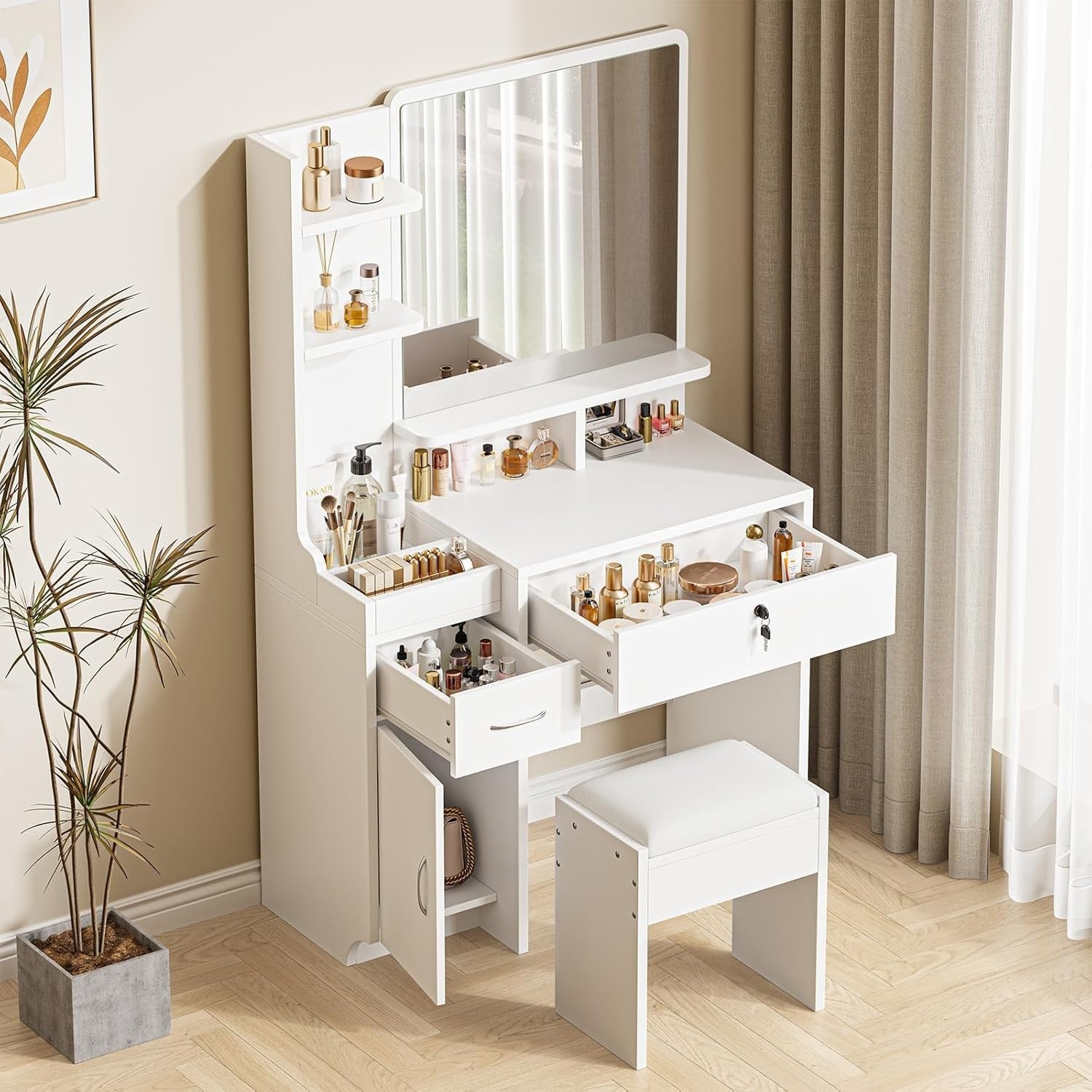 Modern Dressing Table Vanity Desk with Stool Makeup Storage Drawers & Lockable C