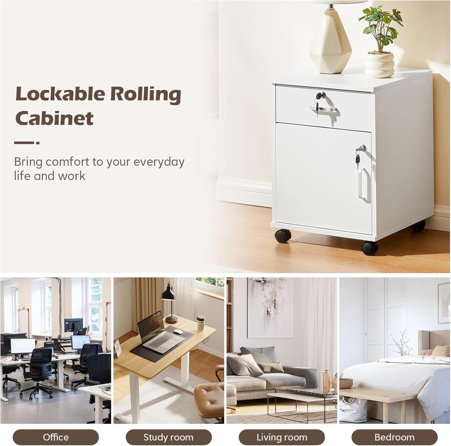 White Mobile File Cabinet 40cm Lockable Under Desk Office Storage