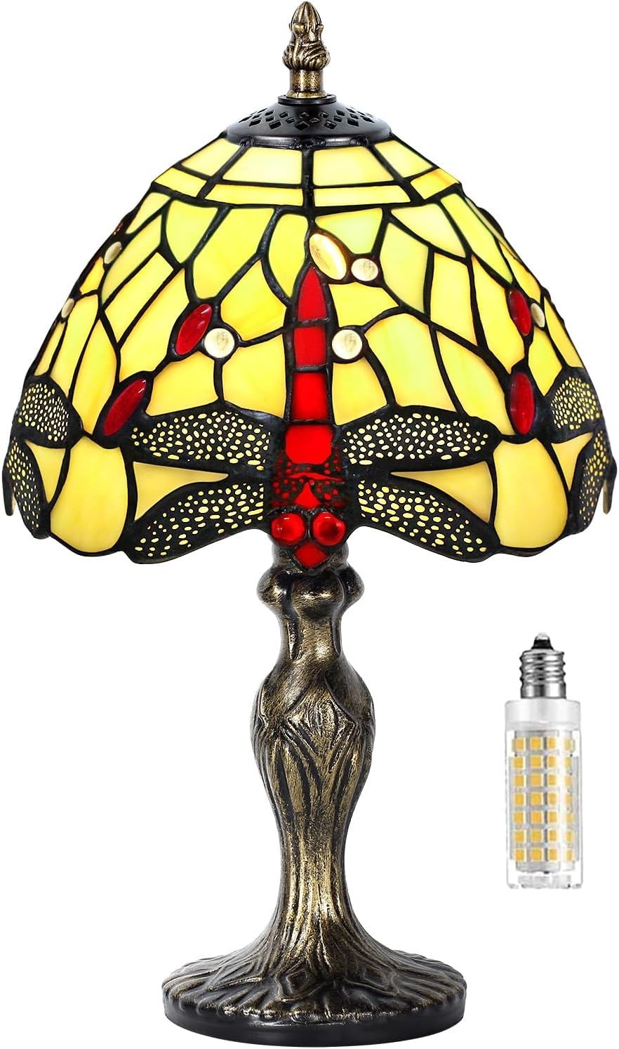 Antique Stained Glass Table Lamp Dragonfly Design Warm LED Light