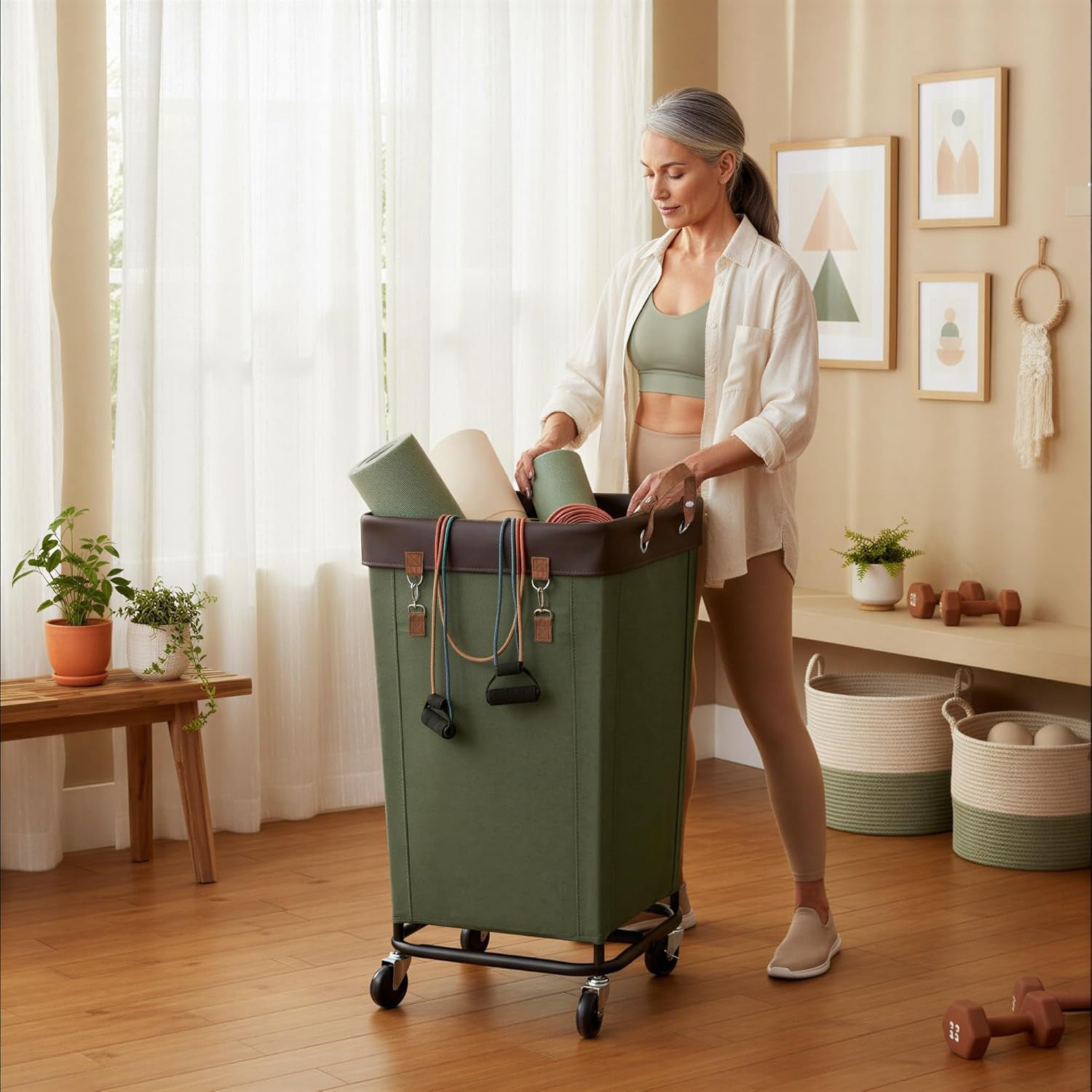 160L Heavy Duty Laundry Hamper with Wheels | Large Rolling Clothes Basket Green