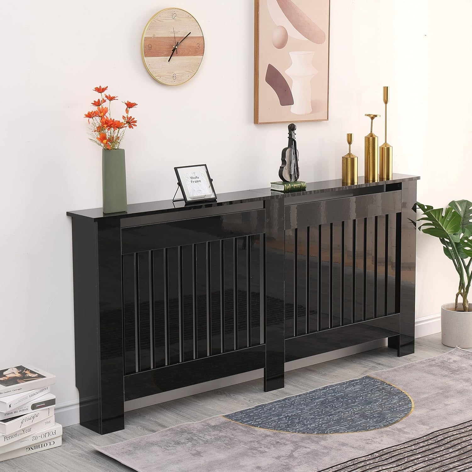 Extra Large High Gloss Black Radiator Cover MDF Slatted Modern Heating Cabinet