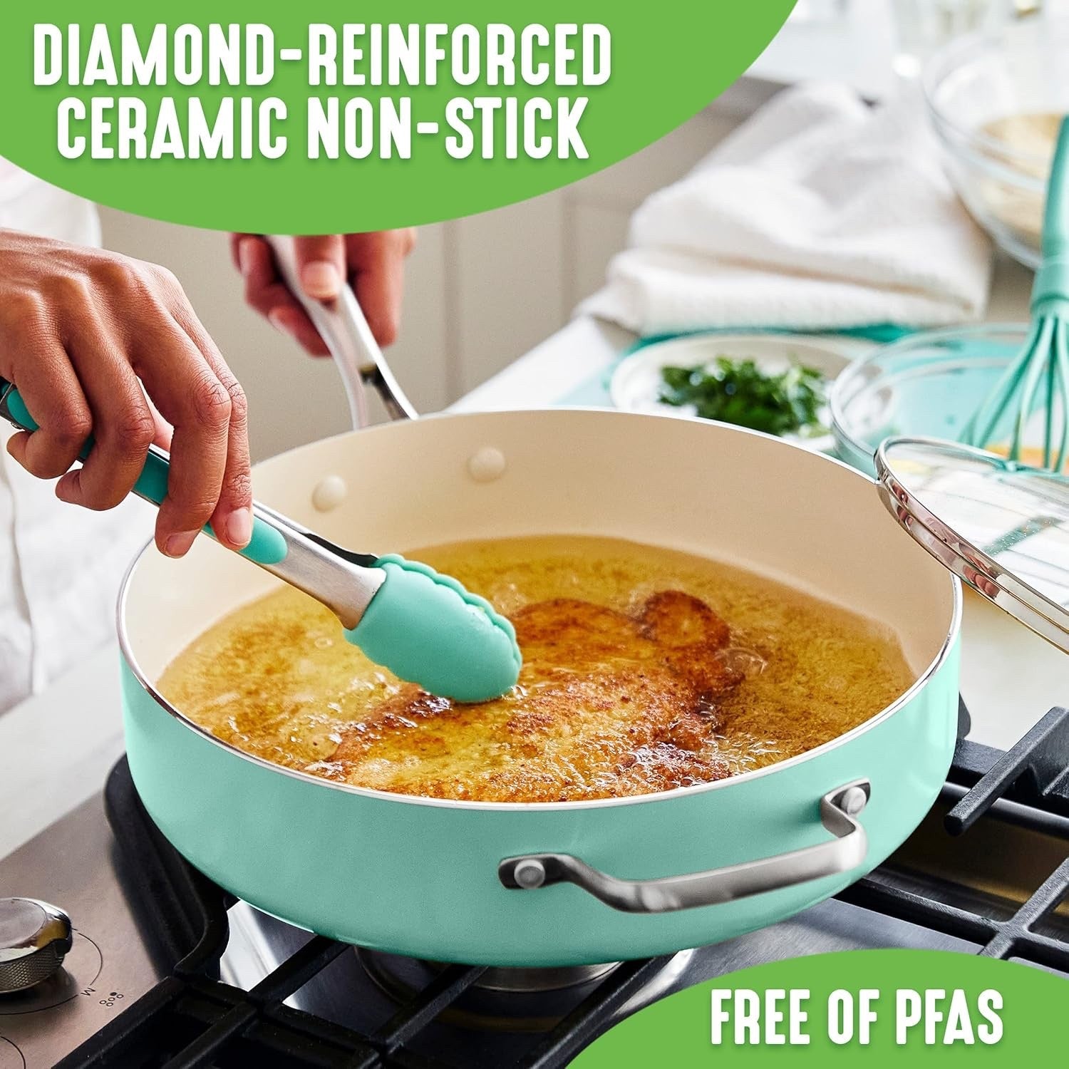 30cm Turquoise Ceramic Saute Pan Non Stick 4.8L With Lid Induction PFAS Free