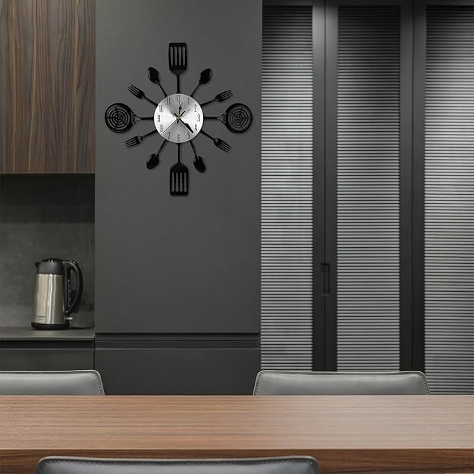 Cutlery Wall Clock Black Modern Kitchen Spoon Fork Spatula Silent 40cm Decor