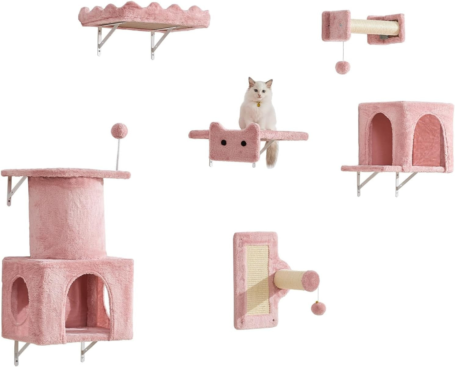 Cat Wall Shelves Set 6pcs Climbing Shelves with Scratching Posts Beds Toys