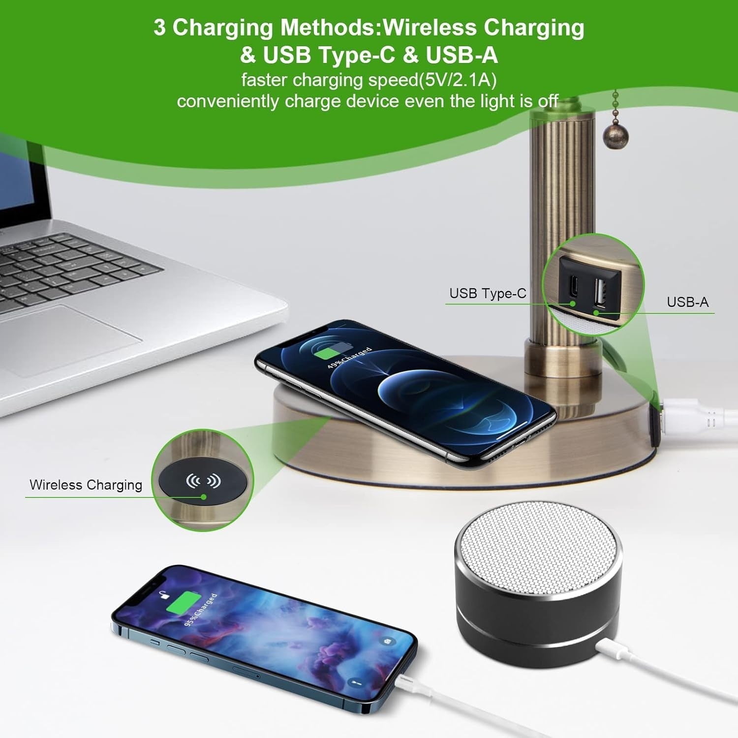 Vintage Green Glass Desk Lamp with Wireless Charging & USB Port, 32cm