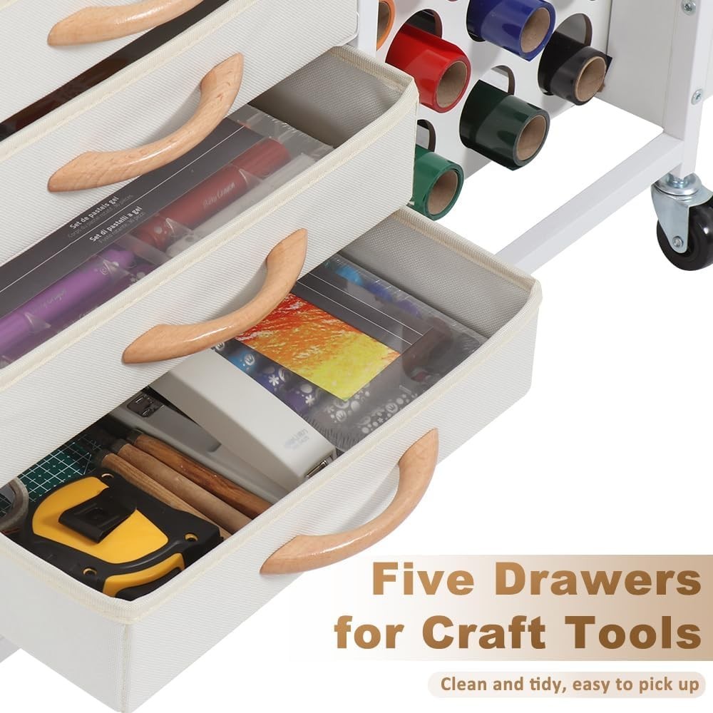 Craft Storage Cart Rolling Cricut Table Vinyl Holder 5 Drawers White