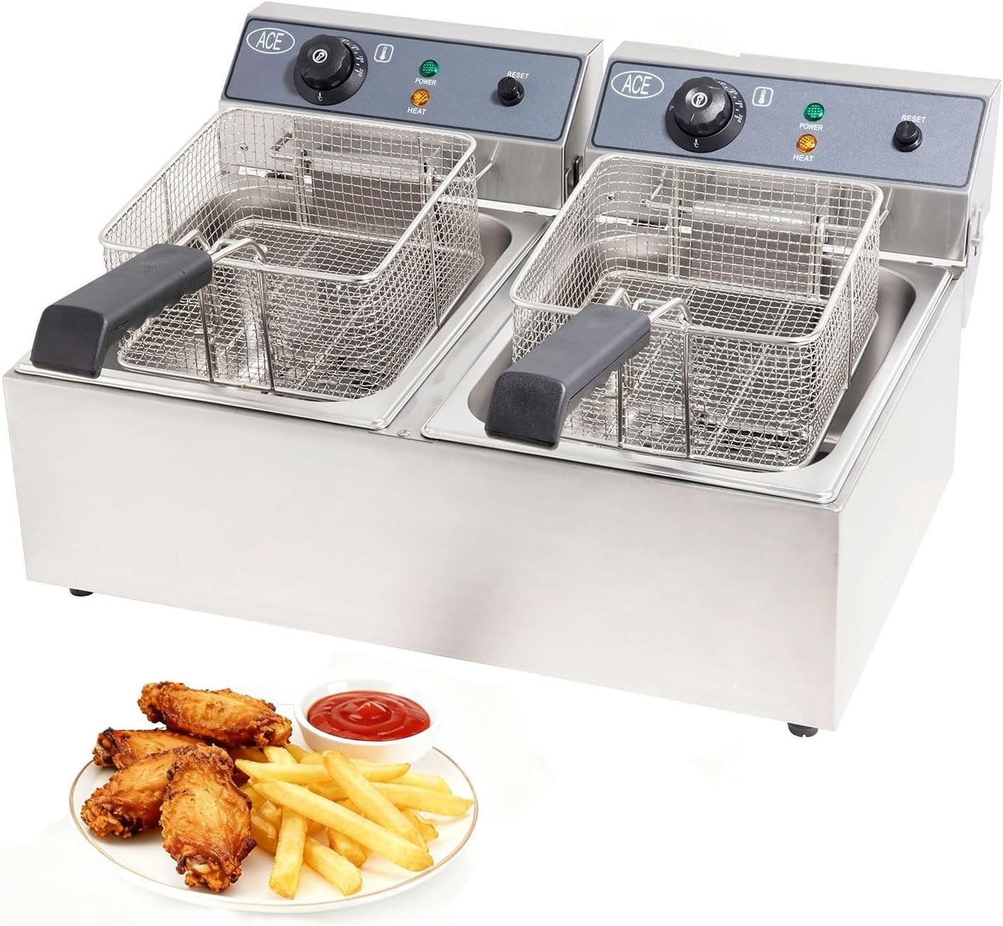 Commercial Electric Deep Fryer 20L Dual Tank 6000W Stainless Steel Countertop
