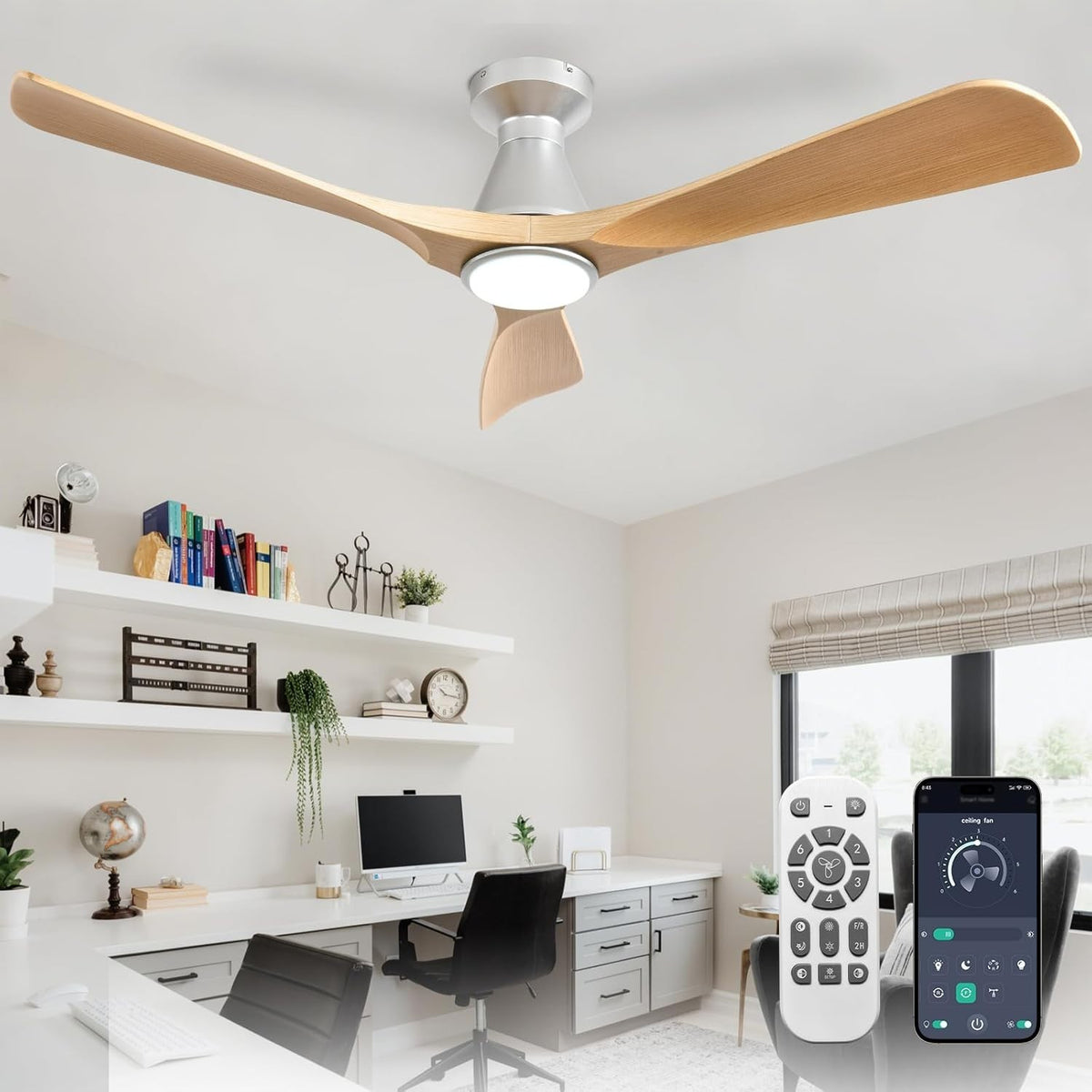 52" Ceiling Fan Light, 3-Blade Grainy Wood LED, Quiet Reversible DC