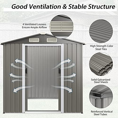 6x4FT Metal Garden Storage Shed with Vents, Sliding Door & Ramp, Weatherproof