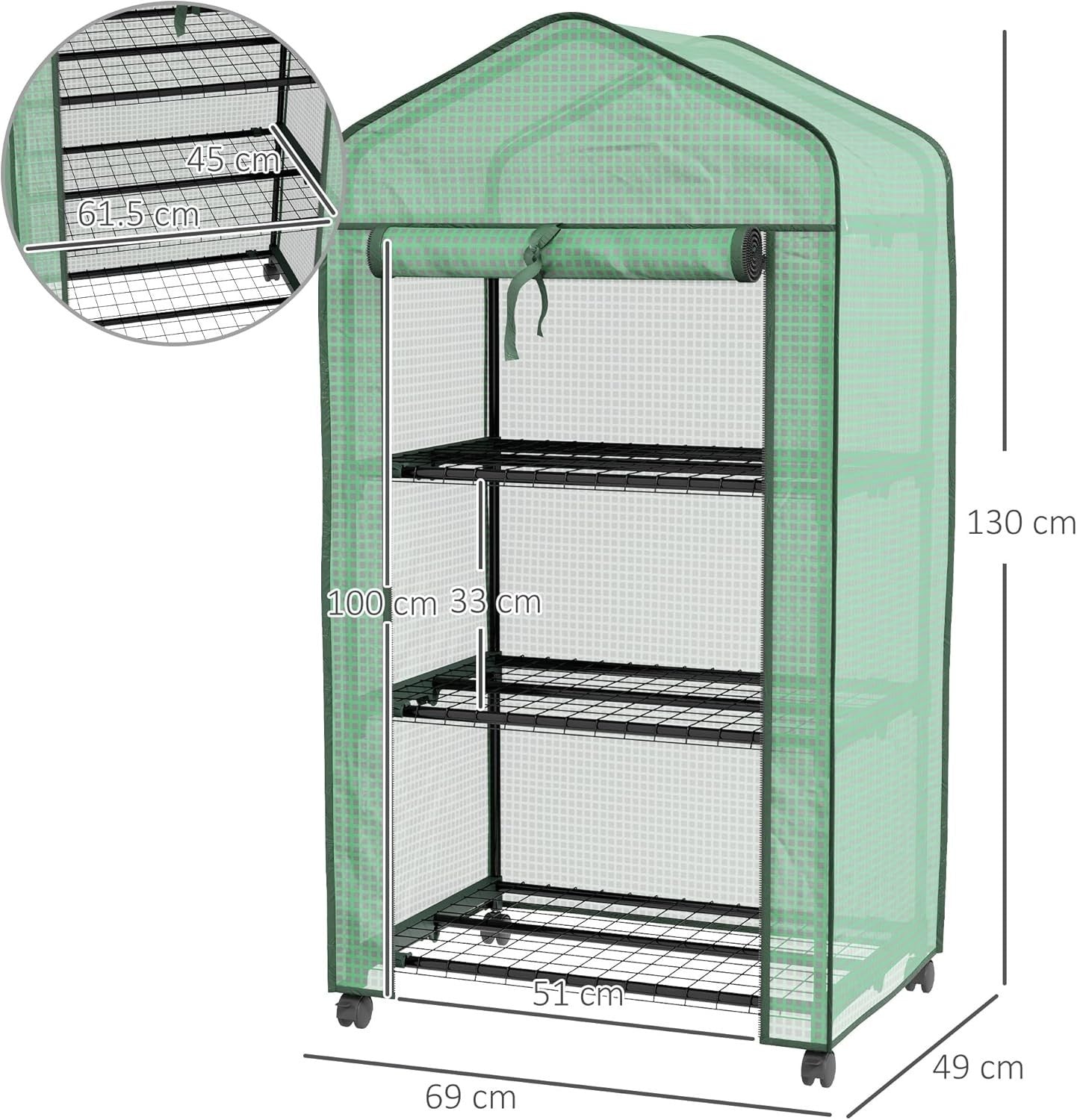 3 Tier Mini Greenhouse with Wheels Reinforced PE Cover Roll-Up Door