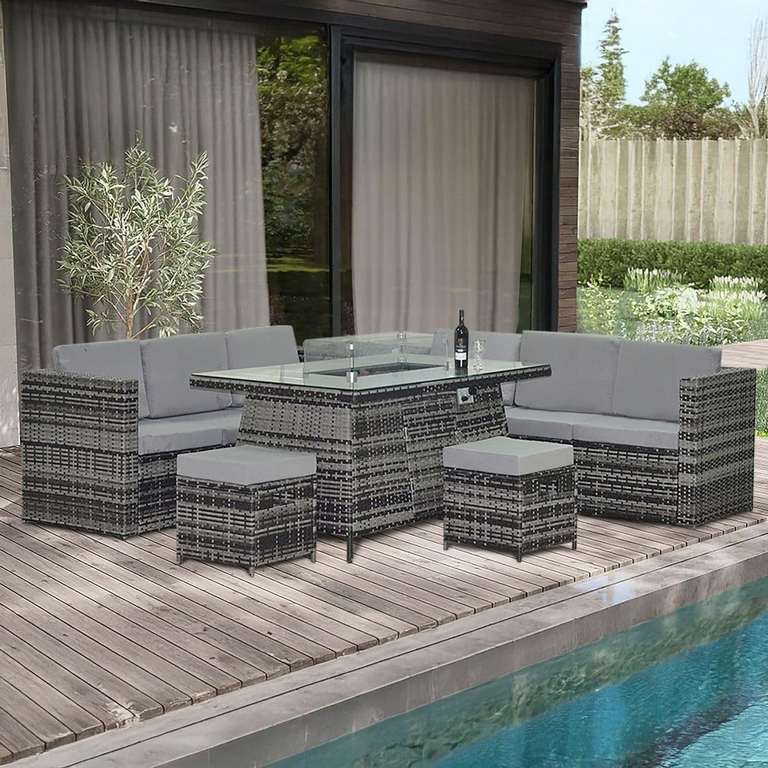 8 Seat Rattan Garden Sofa Set w/ Fire Pit Table, Cushions, Stools, Grey