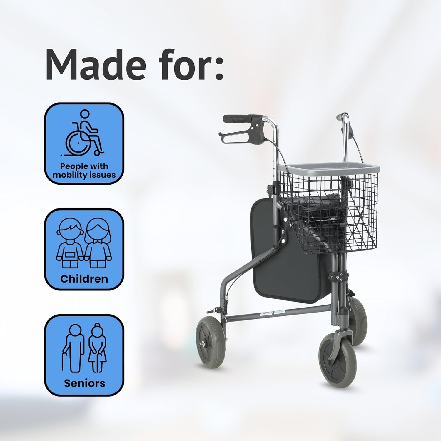 3 Wheel Rollator Walker Lightweight Folding with Basket Tray Lockable Brakes